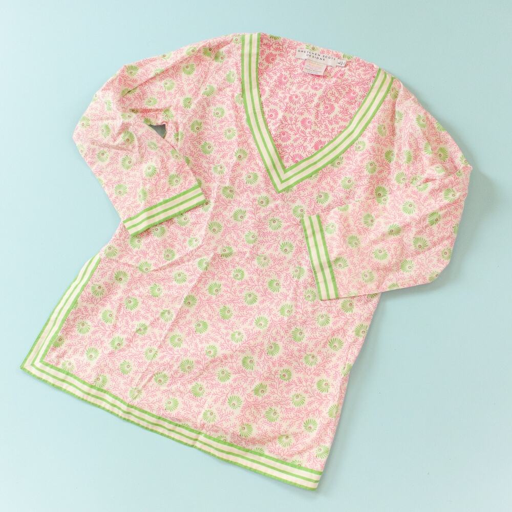 Gretchen Scott Okeefe Pink Green Trim Pattern Tunic Top Size Large 100% Cotton